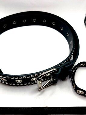 Large Grommet  Double Row Studded Vegan Leather Belt  + Rubber Grommet Bracelet